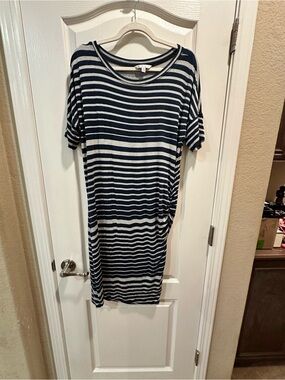 CABI Navy and gray striped t-shirt dress with ruched side detail.